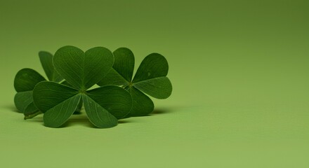 Four-leaf clover background for Saint Patrick's Day, symbolizing luck and good fortune. Shamrock isolated on a simple background, perfect for festive and Irish-themed designs. Lush green clovers