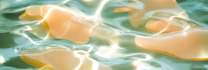 Poster - Smooth ripples formed by pear slices in soy milk creating a serene background atmosphere