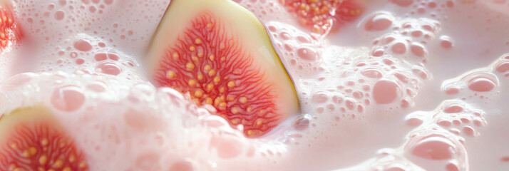 Poster - Sliced fig floating in creamy soy milk creating ripples and textures on smooth surface