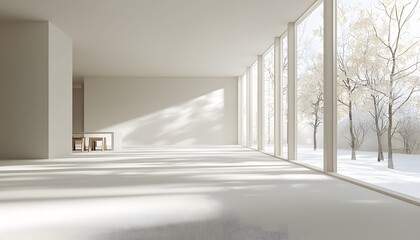 Poster - A minimalist workspace with clean lines, neutral tones, and large windows allowing soft natural light to fill the room, creating a peaceful atmosphere
