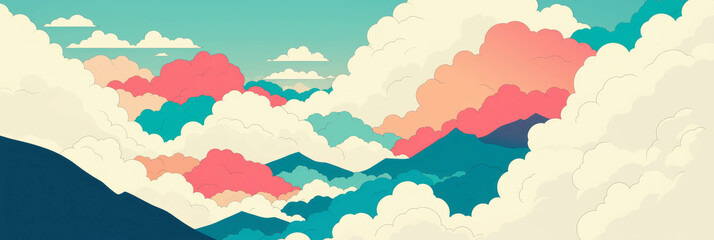 Fototapete - Stylized mountains with vibrant rainbow arches and fluffy clouds for a colorful banner background
