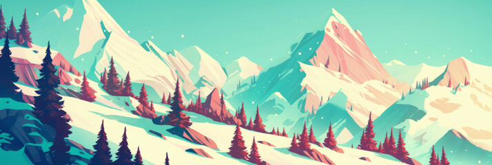 Poster - Breathtaking stylized mountains with snow caps and lush green slopes create a serene landscape