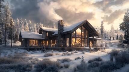 Aufkleber - A rustic mountain cabin surrounded by snow-covered pine trees, with smoke rising from the chimney and warm light glowing through frosted windows, creating a cozy and inviting winter retreat