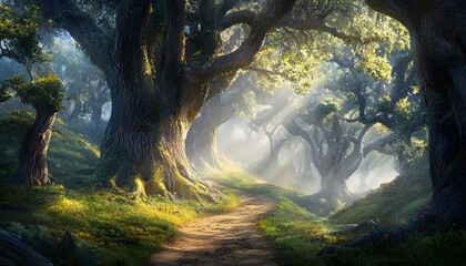 Aufkleber - A peaceful forest path bathed in soft morning light, with tall ancient trees lining the trail and lush greenery carpeting the ground, creating a serene and inviting journey through nature