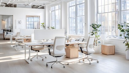 Poster - A minimalist workspace featuring sleek white furniture, neutral-toned decor, and soft natural light streaming through large windows, creating an atmosphere of focus and simplicity