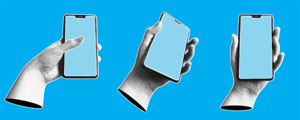 Set of retro halftone hands holding smartphones with empty screens. Modern art halftone collage with human palms and mobile phones.  Vector  illustration.