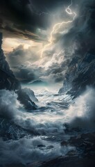 Poster - A dramatic stormy ocean with towering waves crashing against a rugged coastline, illuminated by flashes of lightning cutting through the dark clouds