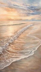Fototapete - A serene beach scene at sunrise, with gentle waves washing over smooth sands and the warm light creating long shadows and a tranquil mood