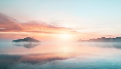 Poster - A cinematic sunrise over a calm lake, with soft pink and orange hues reflecting perfectly in the still water, surrounded by misty hills in the background