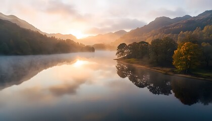 Poster - A cinematic sunrise over a calm lake, with soft pink and orange hues reflecting perfectly in the still water, surrounded by misty hills in the background