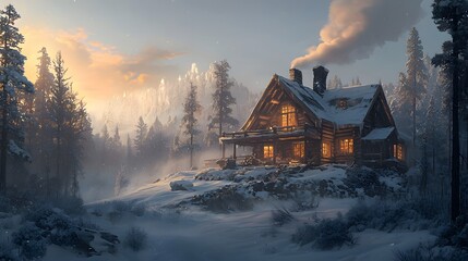 Poster - A cozy snow-covered cabin in the forest, warm light glowing through the windows, smoke rising gently from the chimney, with soft moonlight illuminating the scene, creating a nostalgic and cinematic