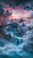 Aufkleber - A surreal dreamscape featuring floating mountains and cascading waterfalls glowing under a vibrant purple and teal aurora, creating a bold and abstract cinematic composition
