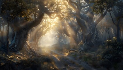 Aufkleber - A peaceful forest path surrounded by tall ancient trees, sunlight filtering through the dense canopy, with lush greenery covering the ground, creating a tranquil, story-driven atmosphere