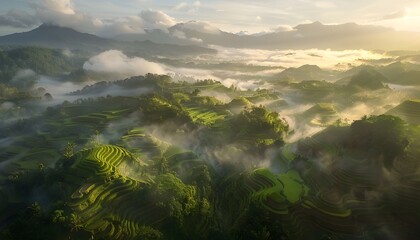 Poster - A dynamic aerial view of terraced rice fields, with soft mist rolling over the lush greenery, intricate patterns glowing under early sunlight, creating a vibrant and expansive cinematic composition