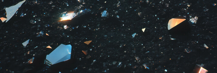 Poster - Angular obsidian shards reflect light on textured black sand in a unique landscape