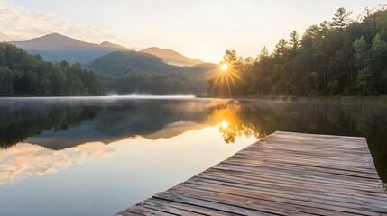 Aufkleber - A serene lakeside view at sunrise, with a wooden dock extending into the still water, mountains reflected in the surface, and soft golden light casting a tranquil atmosphere, creating a dynamic