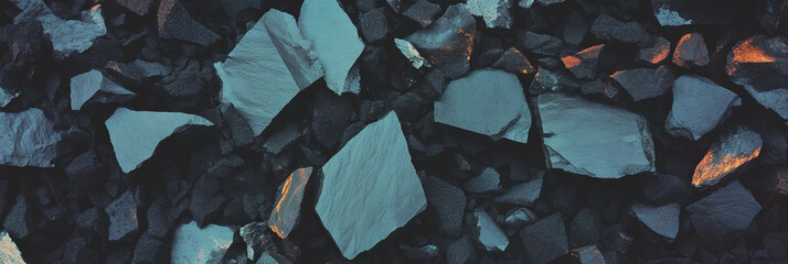 Poster - Black sand textured with volcanic rock creating a jagged landscape under soft lighting