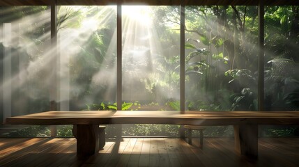 Poster - A minimalist dining area with a sleek wooden table, modern chairs, and sunlight streaming through large windows overlooking a lush garden, creating a clean and cinematic atmosphere