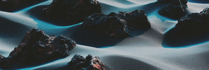 Poster - Textured landscape of black sand with porous volcanic rock highlighting natural beauty