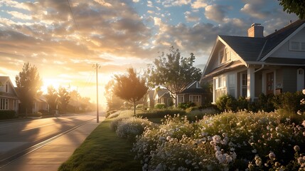 Poster - A peaceful suburban street lined with blooming flowers, charming houses, and soft golden hour light creating a nostalgic and cinematic moment