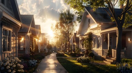 Poster - A peaceful suburban street lined with blooming flowers, charming houses, and soft golden hour light creating a nostalgic and cinematic moment