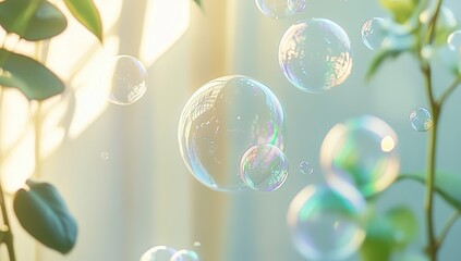 Poster - Floating Bubbles Dance Gently in Sunlight Near Plants: A Serene Nature Scene