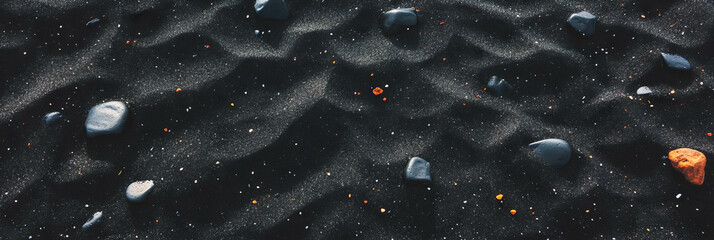 Poster - Textured landscape of black sand with small lava rocks showcases volcanic terrain