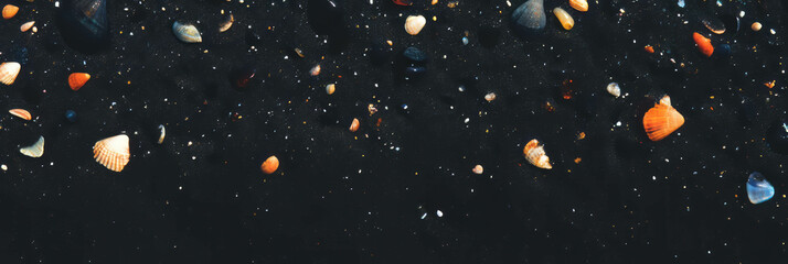 Poster - Exploring black sand textures adorned with colorful shells and vibrant highlights