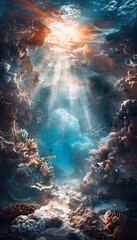 Poster - A vibrant underwater cave glowing with bioluminescent coral, schools of fish swimming in the surreal light, and crystal-clear water creating a magical cinematic composition
