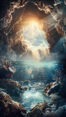 Poster - A vibrant underwater cave glowing with bioluminescent coral, schools of fish swimming in the surreal light, and crystal-clear water creating a magical cinematic composition