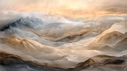 Poster - Surreal desert landscape with rolling golden dunes, glowing in the soft light of a pastel sunset, cinematic perspective emphasizing scale and dreamlike beauty