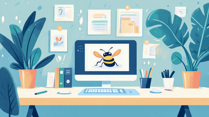 Poster - Creative Workspace: a buzzing bee concept on screen for springtime project presentation, for web, blog or online creative agency