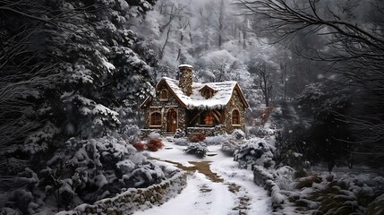 Wall Mural - Cozy Cottage   A stone and wood cottage with a charming snowcovered roof