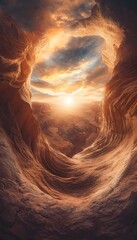 Poster - Hyper-realistic canyon glowing in golden light, intricate red rock textures highlighted under twilight hues, cinematic perspective emphasizing depth and grandeur
