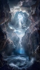 Poster - Surreal underwater cave illuminated by glowing bioluminescent coral, cinematic lighting creating dreamlike depth and dynamic textures