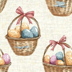 Wall Mural - A basket of eggs with a pink ribbon tied around it