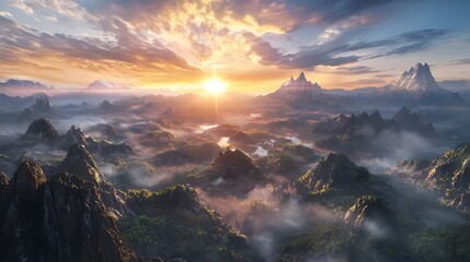 Aufkleber - Dreamlike mountain valley at sunrise, golden light piercing through misty layers, cinematic perspective capturing tranquility and depth