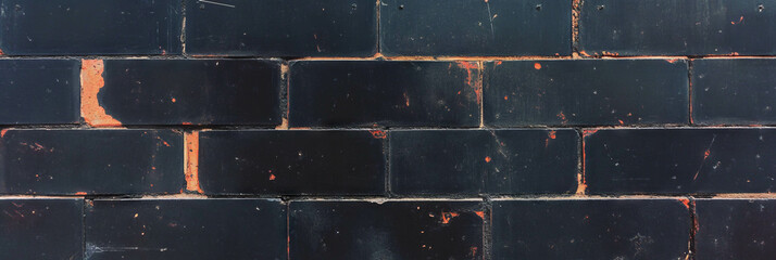 Poster - Black wall showcasing stained bricks with deep grunge markings and shadows in urban location