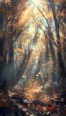 Aufkleber - Rain-drenched forest illuminated by soft golden light, glowing autumn leaves creating cinematic depth and serene vibrancy