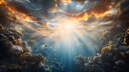 Poster - Surreal underwater scene with glowing bioluminescent textures, tropical fish weaving through cinematic shafts of light