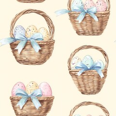 Wall Mural - A basket of eggs with a blue ribbon tied around it