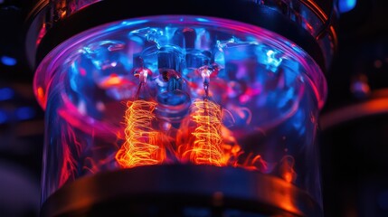 Poster - A close-up macro shot of a tungsten filament glowing intensely, capturing intricate electrical details.