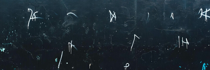 Poster - Black wall texture adorned with white graffiti and rough surface detailing