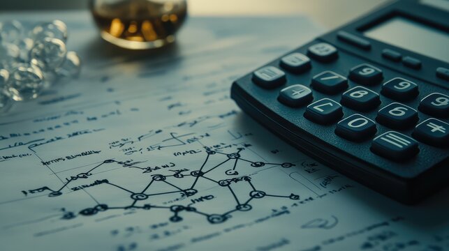 A close-up of a scientific calculator and chemical equation on paper, with room for creative text or graphics.