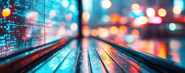 Fototapete - A vibrant, abstract scene with colorful lights reflecting on a wooden surface, evoking a sense of depth and urban ambiance.