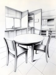 Wall Mural - Modern kitchen interior featuring a round table with chairs, showcasing a minimalist design aesthetic