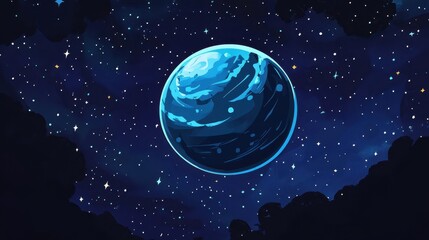 A blue planet shines amidst a field of sparkling stars