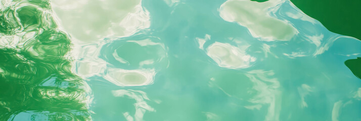 Poster - Bright green texture with reflections of sky and clouds in serene top view display