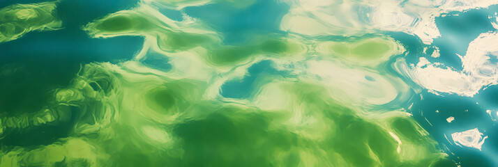 Poster - Bright green water surface reflecting sky and clouds in a serene natural environment