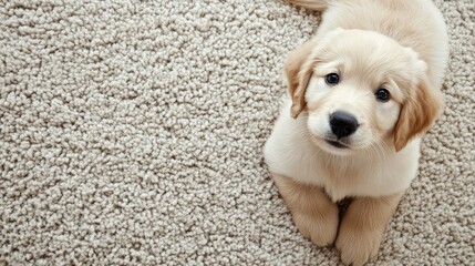 Poster - A fluffy puppy sitting on a soft carpet, with room for copy or creative content beside it.